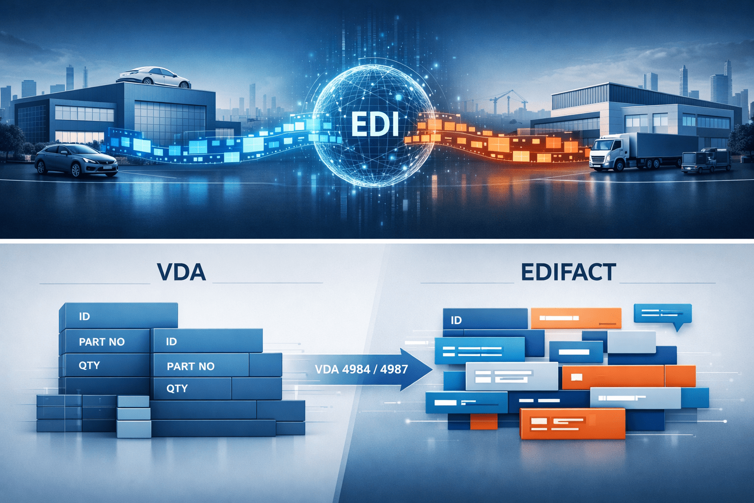 Grafische Darstellung des EDI‑Datenaustauschs zwischen VDA und EDIFACT mit Übergang von starren VDA‑Strukturen zu flexiblen EDIFACT‑Segmenten