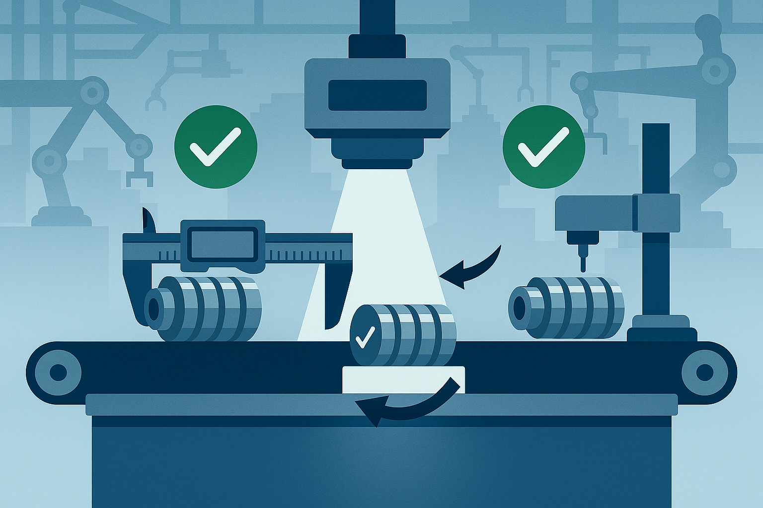 Darstellung verschiedener Prüfmethoden in der industriellen Fertigung: manuelle Maßprüfung mit Messschieber, optische Prüfung mit Kamerasystem und taktile Funktionsprüfung an einem Produktionsband.