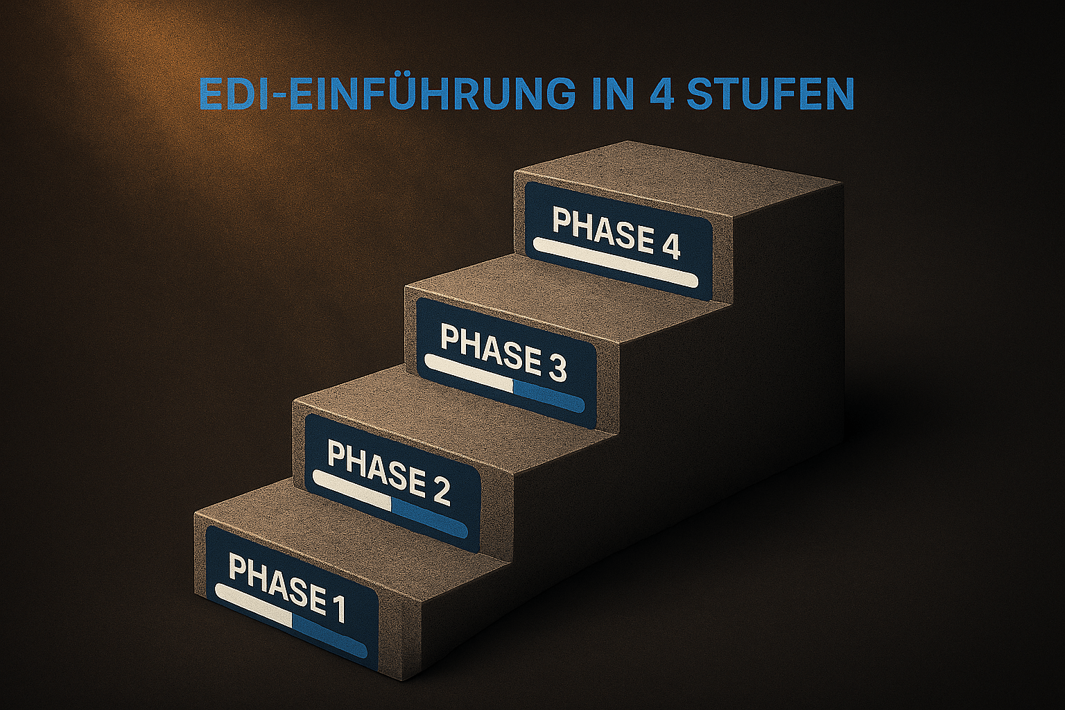 Grafik einer vierstufigen Treppe mit den Beschriftungen Phase 1, Phase 2, Phase 3 und Phase 4 zur Darstellung des EDI‑Einführungsprozesses.