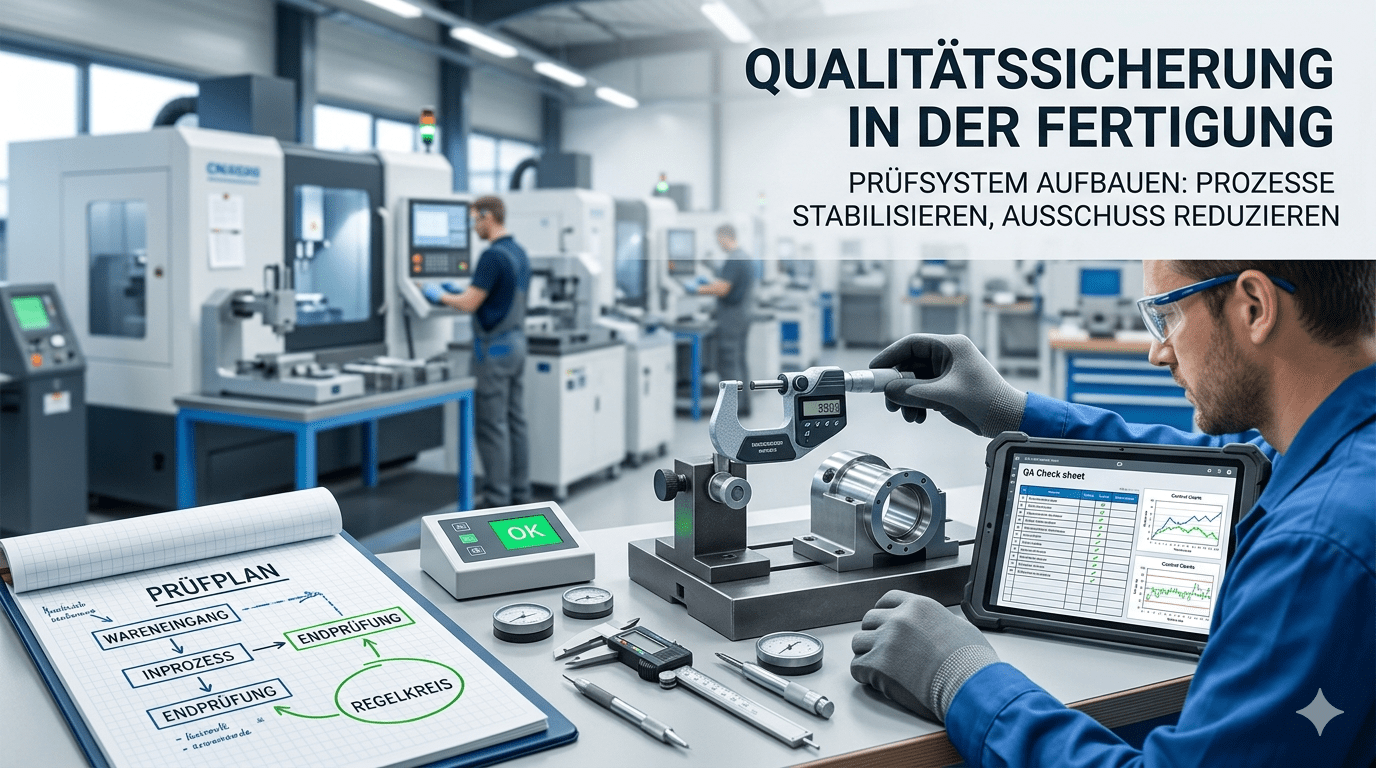 Ingenieur prüft Bauteile in einer modernen Fertigungslinie mit digitalen Messmitteln und Qualitätskontrolle