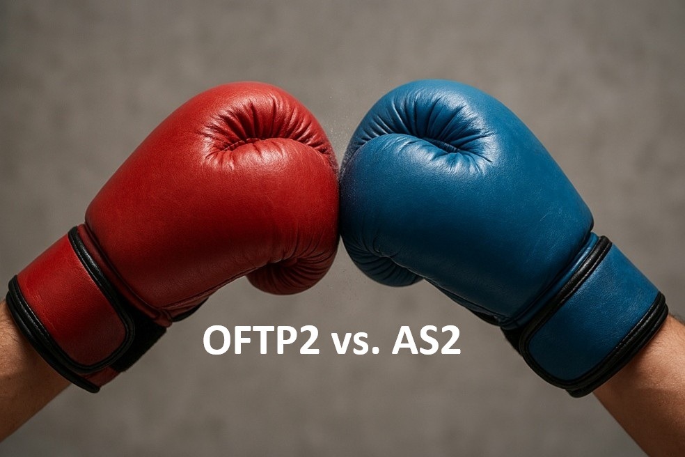 Zwei sich berührende Boxhandschuhe, ein roter und ein blauer, als Symbol für den Vergleich der EDI‑Protokolle OFTP2 und AS2.